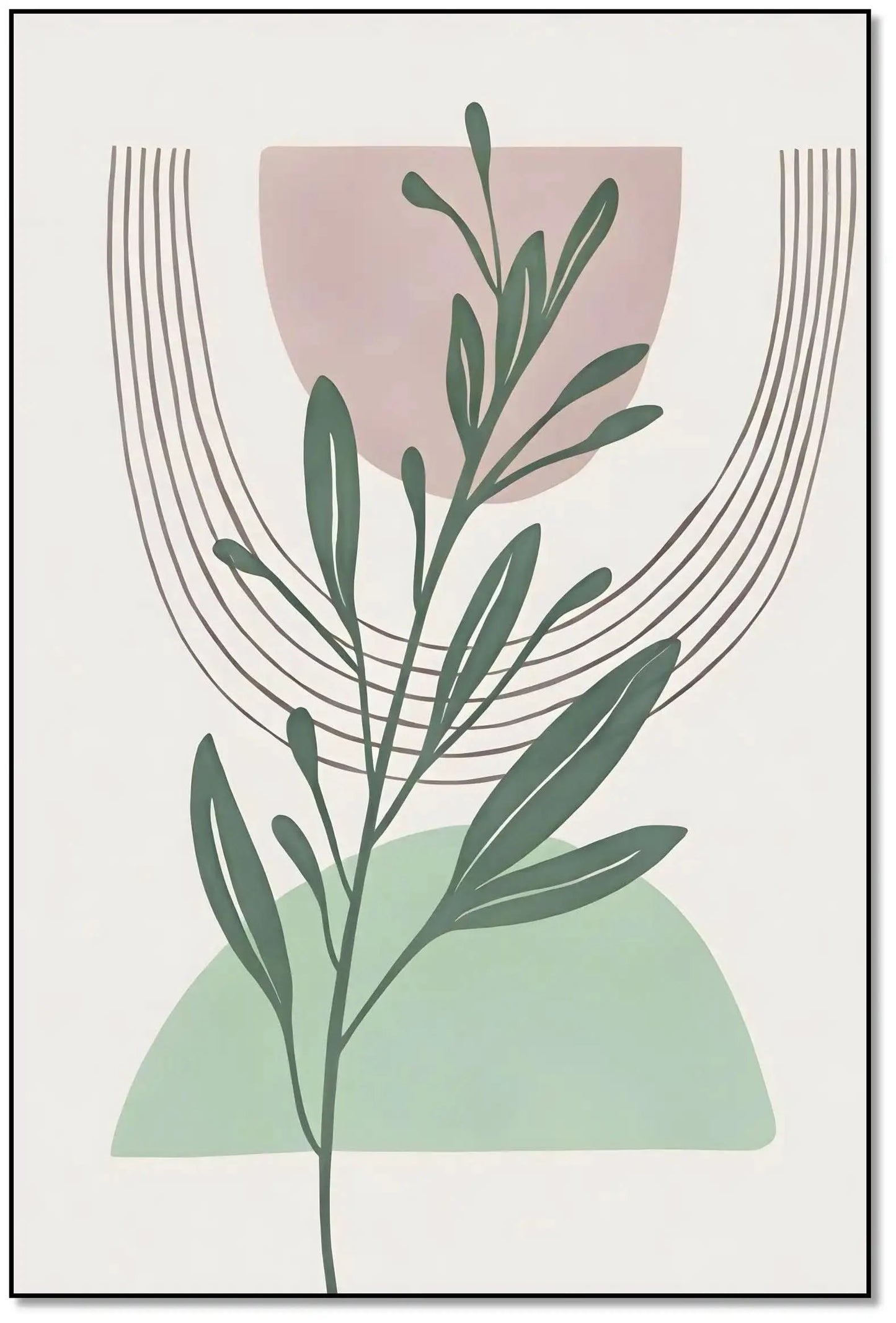 Tableau minimaliste avec branche verte et formes géométriques pastel, ambiance sereine pour salon ou chambre moderne.