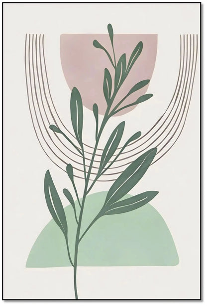 Tableau minimaliste avec branche verte et formes géométriques pastel, ambiance sereine pour salon ou chambre moderne.