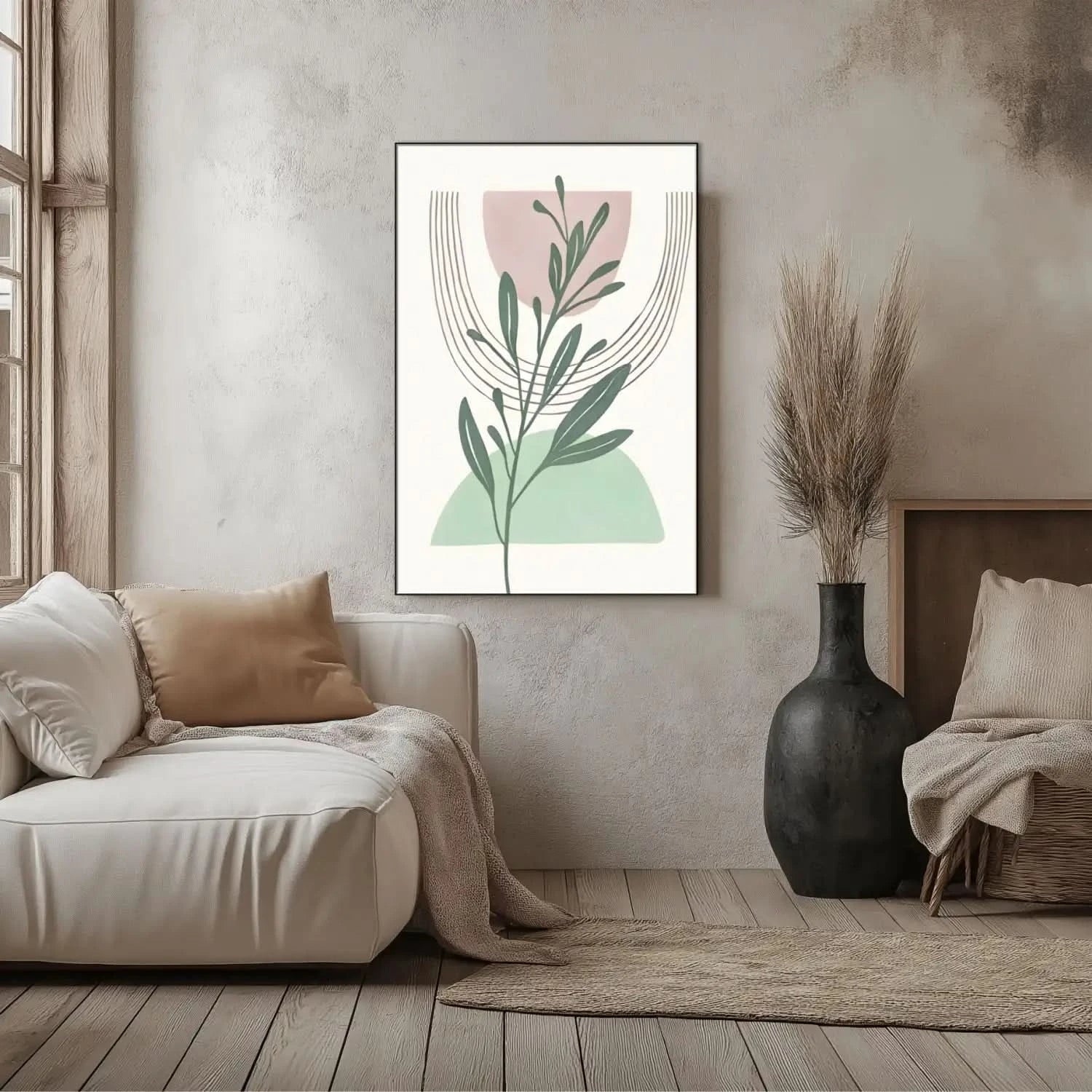 Tableau minimaliste avec branche verte et formes géométriques pastel, ambiance sereine pour salon ou chambre moderne.