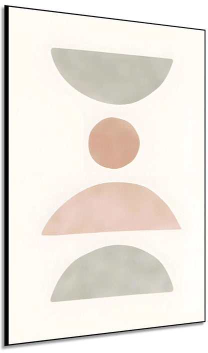 Tableau minimaliste avec formes géométriques pastel, ambiance sereine et équilibrée, idéal pour bureau ou salon moderne.