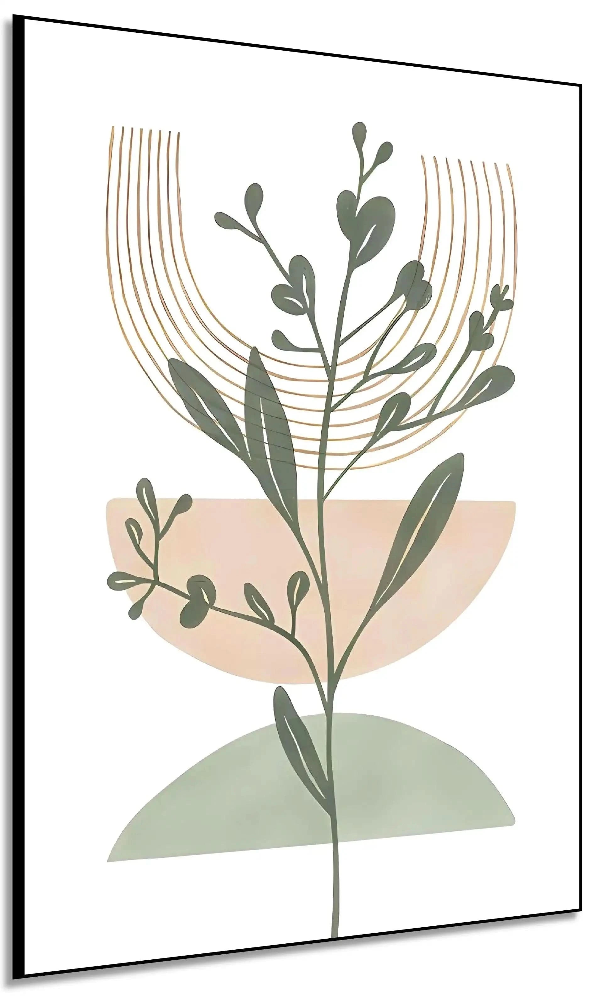 Tableau minimaliste avec motifs botaniques et formes géométriques, couleurs douces, idéal pour salon ou chambre zen.