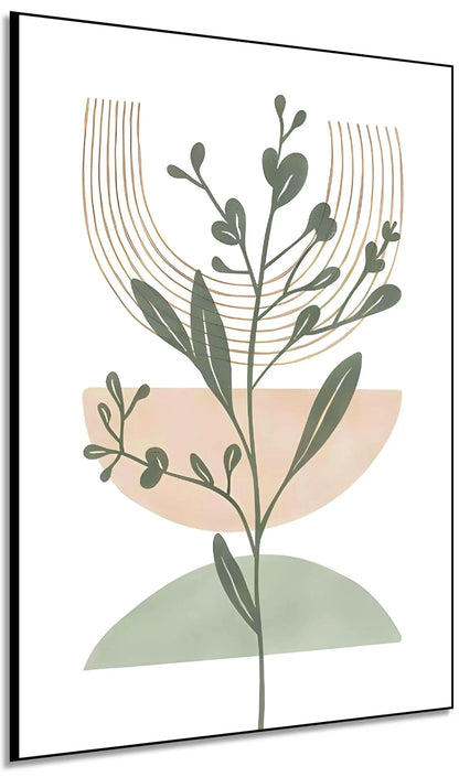 Tableau minimaliste avec motifs botaniques et formes géométriques, couleurs douces, idéal pour salon ou chambre zen.