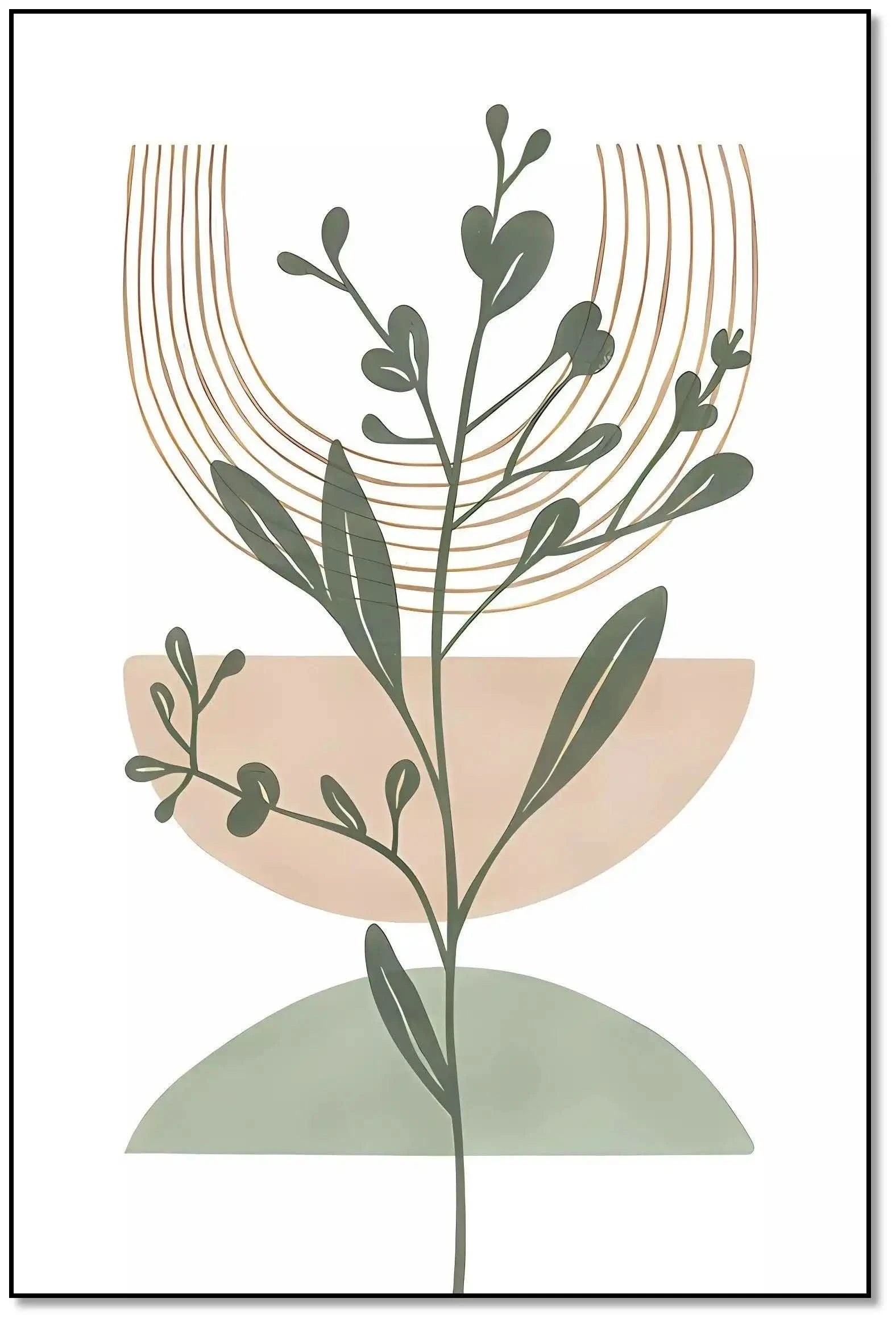 Tableau minimaliste avec motifs botaniques et formes géométriques, couleurs douces, idéal pour salon ou chambre zen.