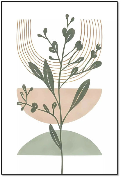 Tableau minimaliste avec motifs botaniques et formes géométriques, couleurs douces, idéal pour salon ou chambre zen.