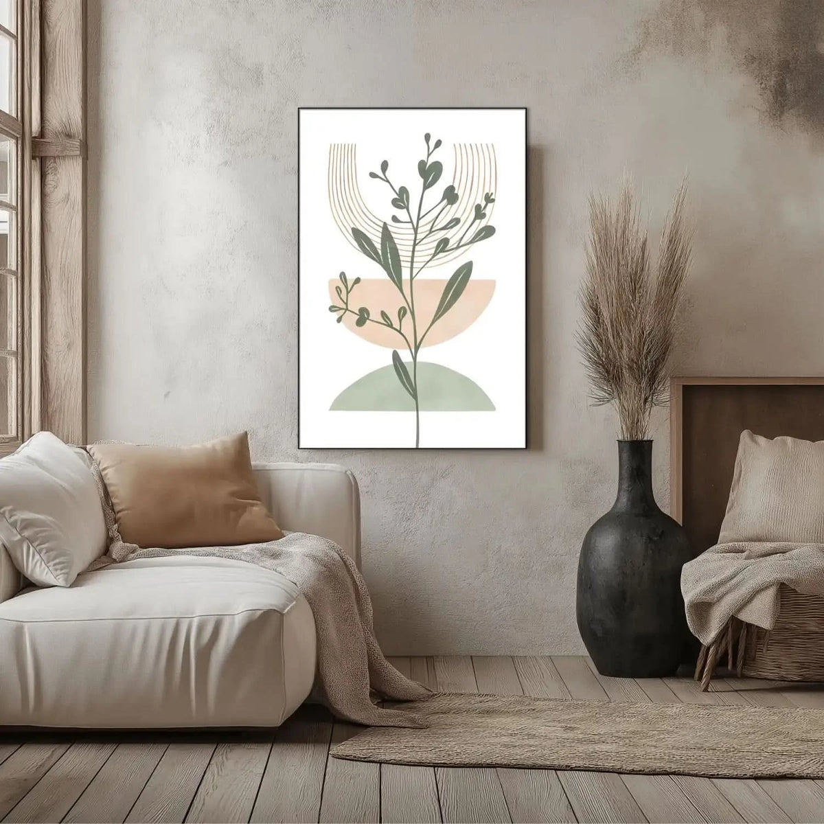 Tableau minimaliste avec motifs botaniques et formes géométriques, couleurs douces, idéal pour salon ou chambre zen.