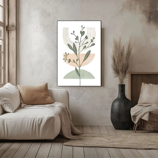 Tableau minimaliste avec motifs botaniques et formes géométriques, couleurs douces, idéal pour salon ou chambre zen.
