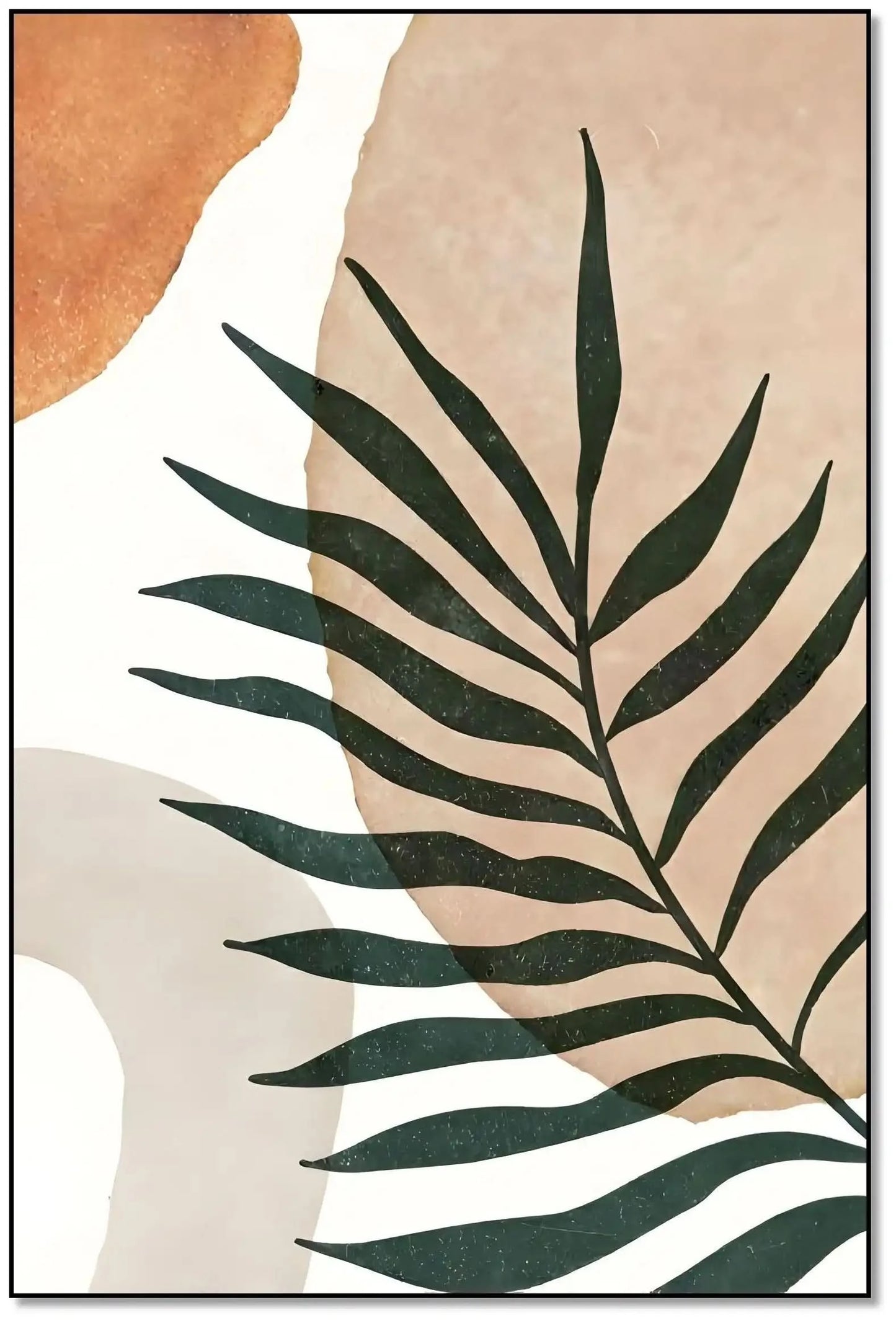 Tableau minimaliste avec feuille verte sur fond beige, ambiance naturelle et sereine pour salon ou chambre moderne.