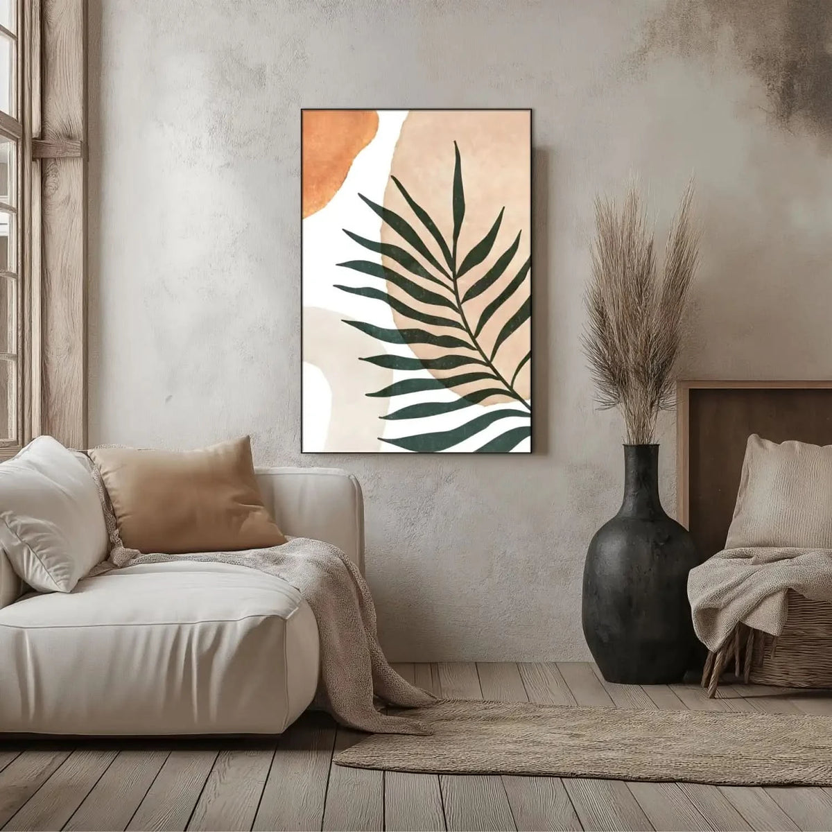 Tableau minimaliste avec feuille verte sur fond beige, ambiance naturelle et sereine pour salon ou chambre moderne.