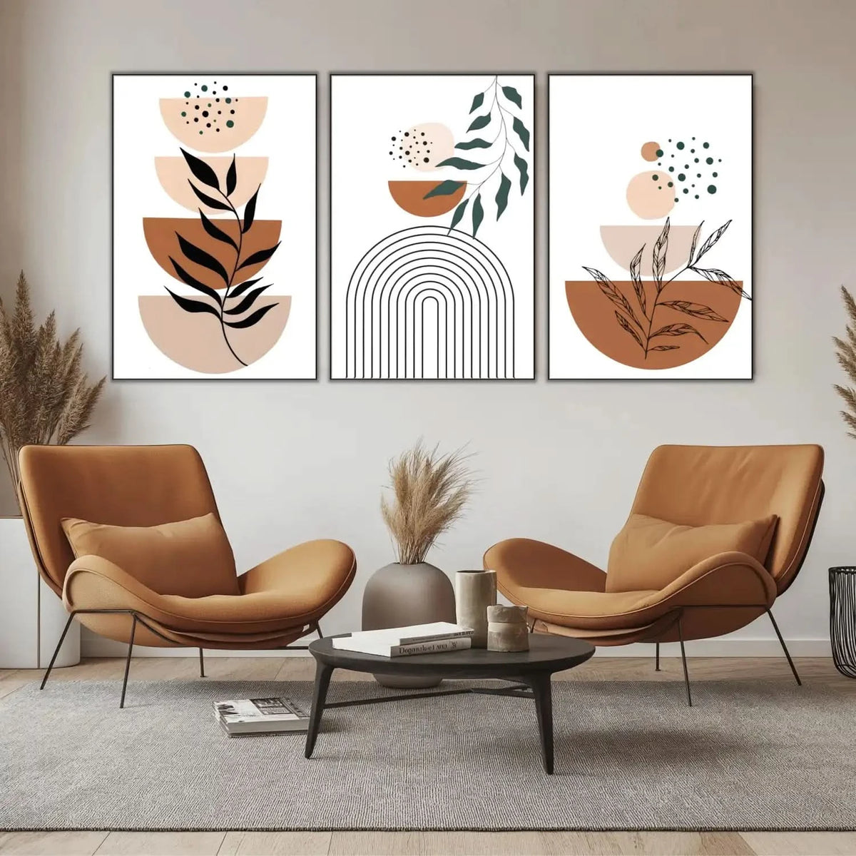 Oeuvre minimaliste avec formes géométriques, tons bruns et verts, ambiance sereine et équilibrée pour salon moderne ou bureau
