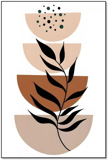 Tableau minimaliste avec formes géométriques beige et marron, motifs de feuilles noires, ambiance sereine pour salon moderne.