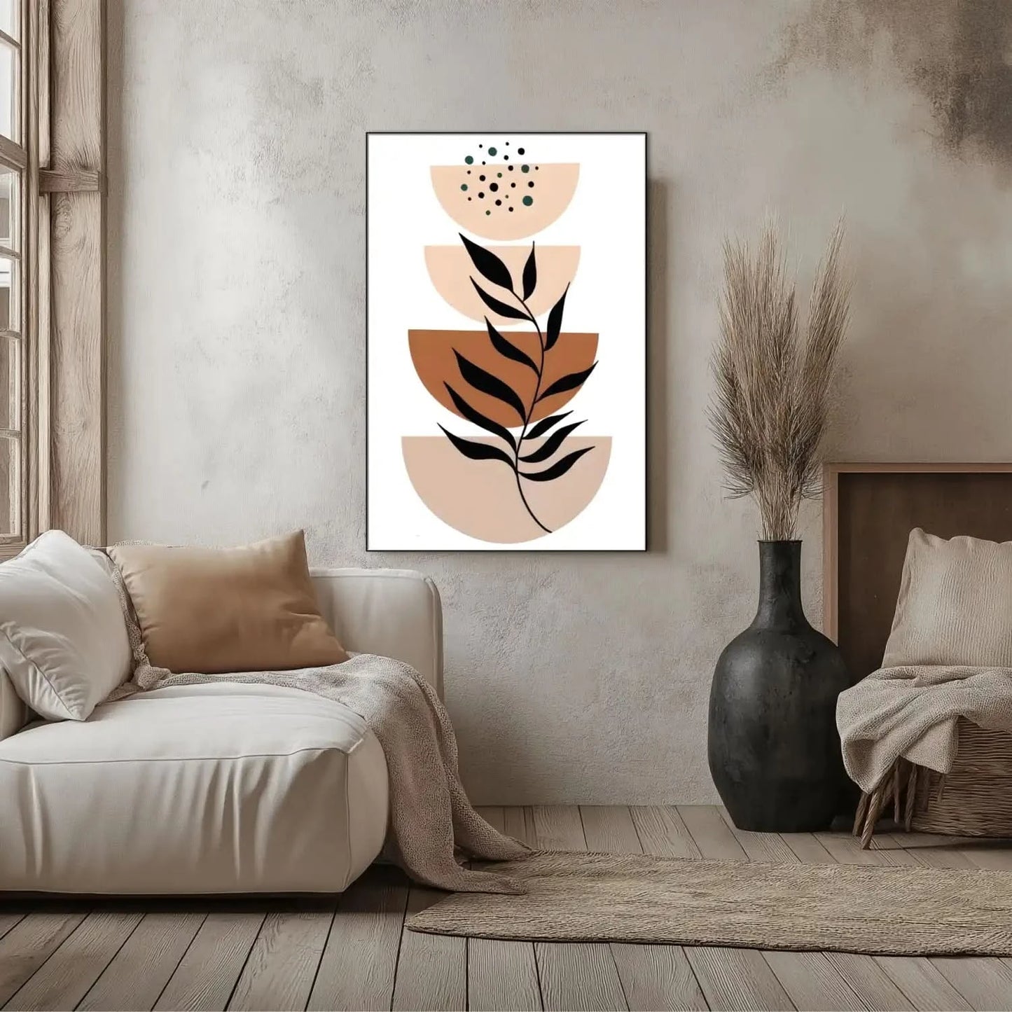 Tableau minimaliste avec formes géométriques beige et marron, motifs de feuilles noires, ambiance sereine pour salon moderne.