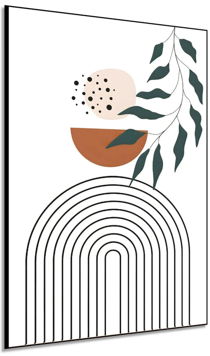 Œuvre minimaliste avec formes géométriques, tons bruns et verts, ambiance sereine et équilibrée pour salon moderne ou bureau