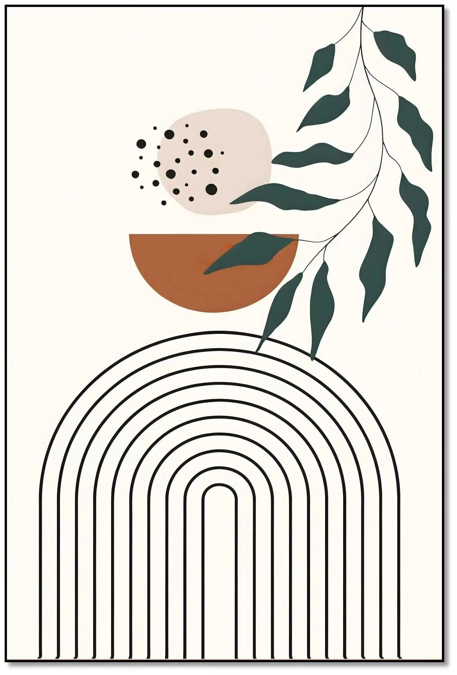 Œuvre minimaliste avec formes géométriques, tons bruns et verts, ambiance sereine et équilibrée pour salon moderne ou bureau