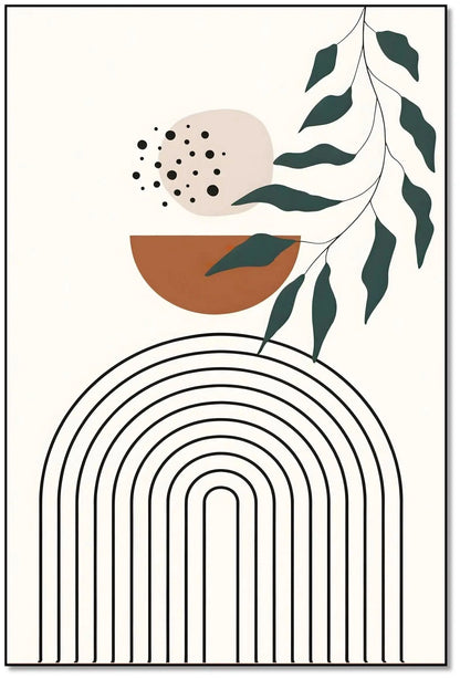 Œuvre minimaliste avec formes géométriques, tons bruns et verts, ambiance sereine et équilibrée pour salon moderne ou bureau