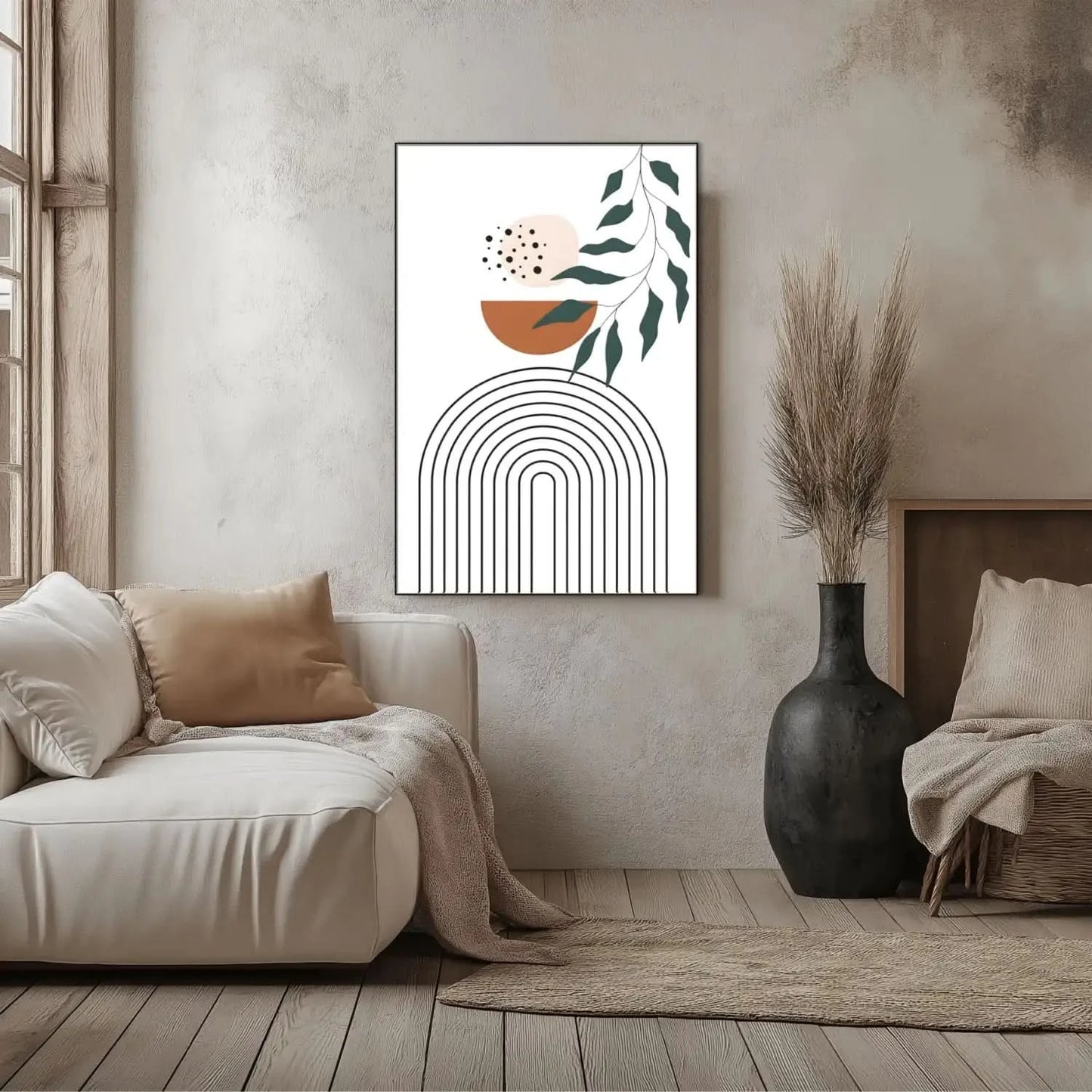 Œuvre minimaliste avec formes géométriques, tons bruns et verts, ambiance sereine et équilibrée pour salon moderne ou bureau