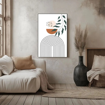 Œuvre minimaliste avec formes géométriques, tons bruns et verts, ambiance sereine et équilibrée pour salon moderne ou bureau