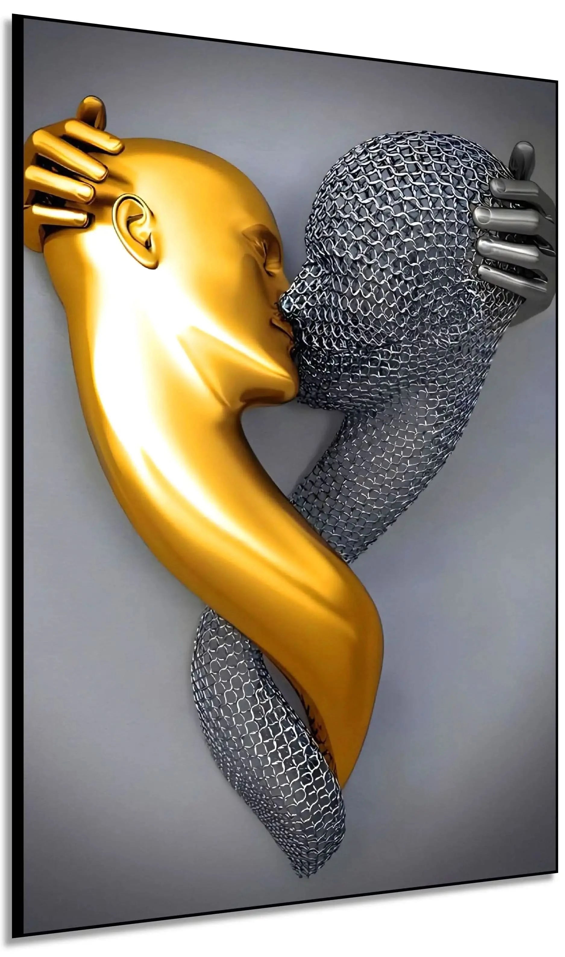 Deux visages entrelacés, l'un doré et l'autre en maille argentée, créant une ambiance mystérieuse et moderne pour salon ou bureau.