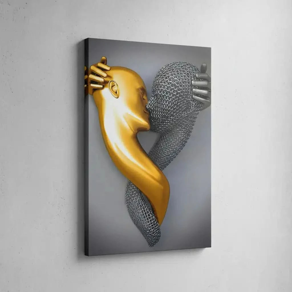 Deux visages entrelacés, l'un doré et l'autre en maille argentée, créant une ambiance mystérieuse et moderne pour salon ou bureau.