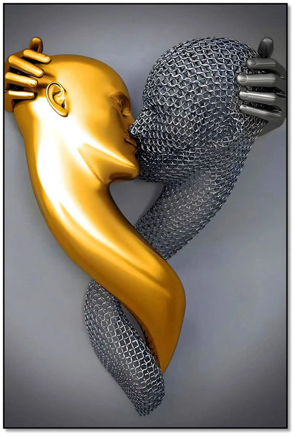 Deux visages entrelacés, l'un doré et l'autre en maille argentée, créant une ambiance mystérieuse et moderne pour salon ou bureau.