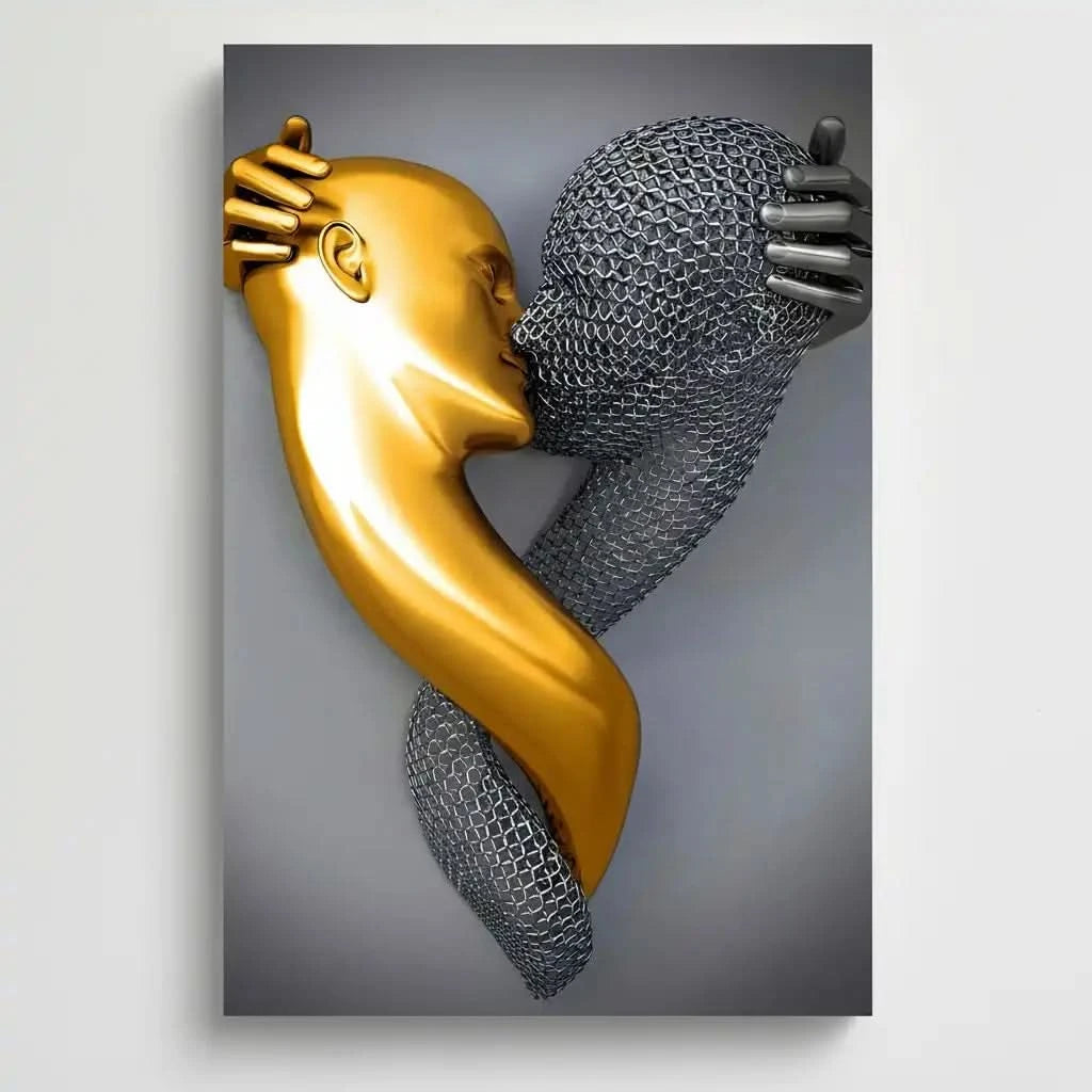 Deux visages entrelacés, l'un doré et l'autre en maille argentée, créant une ambiance mystérieuse et moderne pour salon ou bureau.