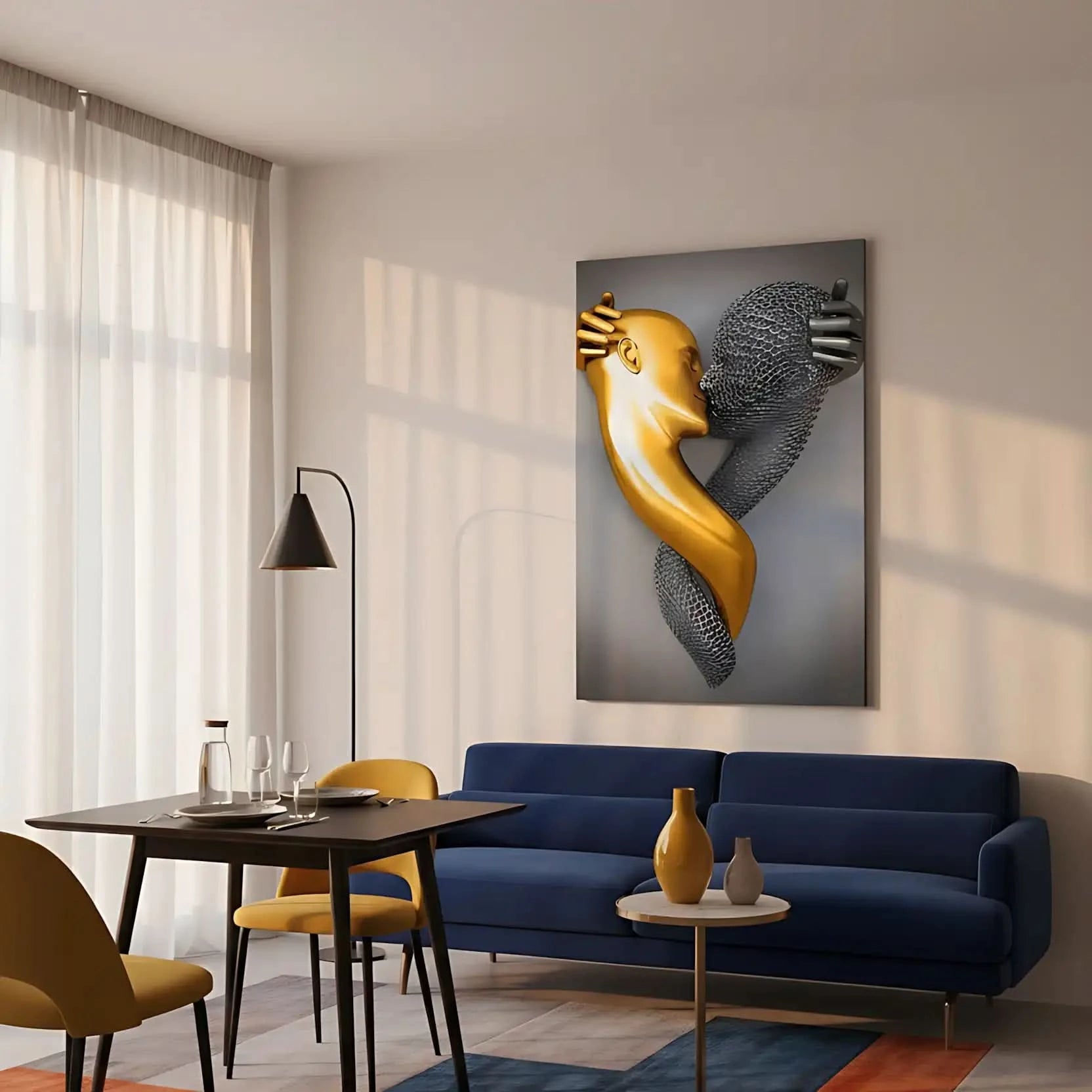 Deux visages entrelacés, l'un doré et l'autre en maille argentée, créant une ambiance mystérieuse et moderne pour salon ou bureau.