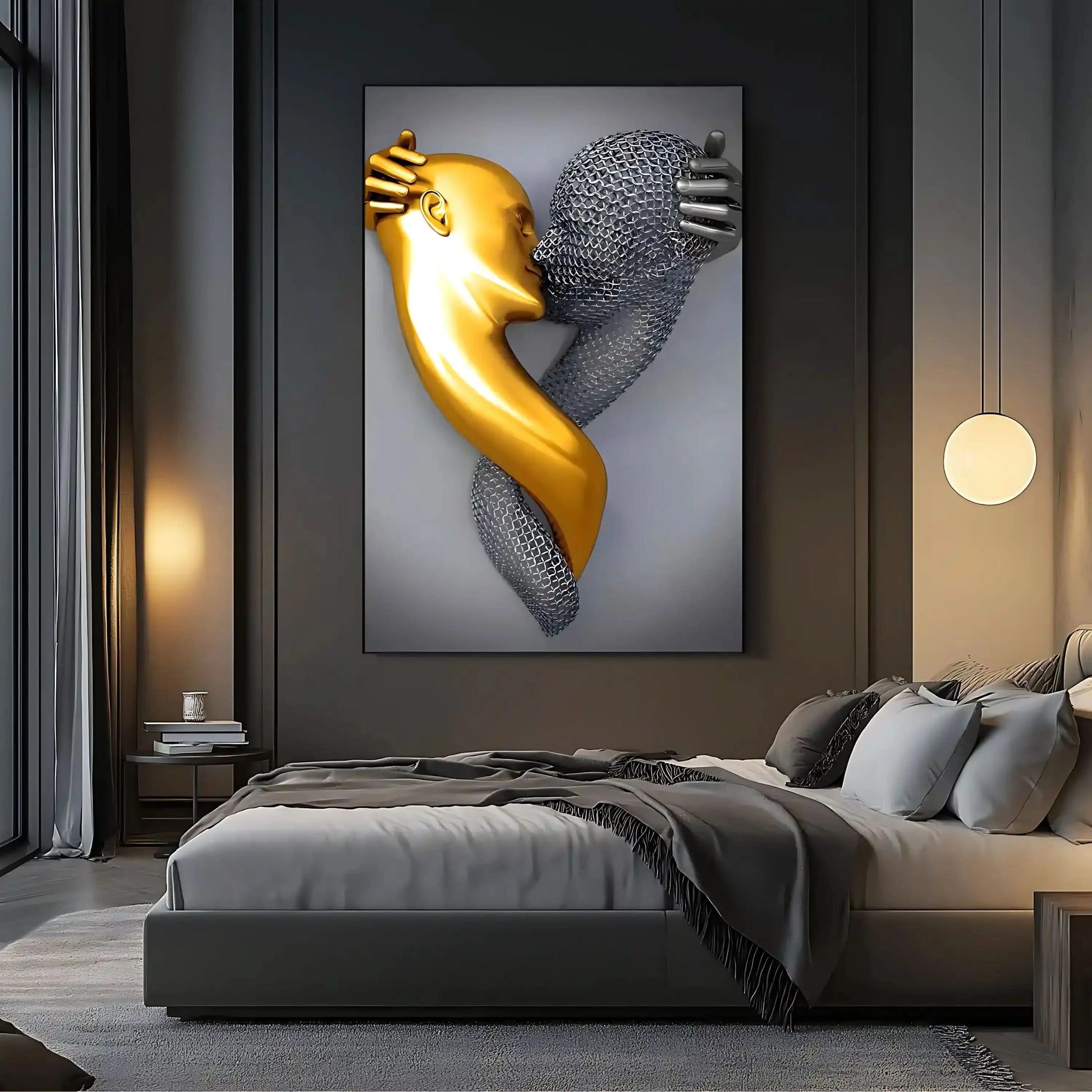 Deux visages entrelacés, l'un doré et l'autre en maille argentée, créant une ambiance mystérieuse et moderne pour salon ou bureau.