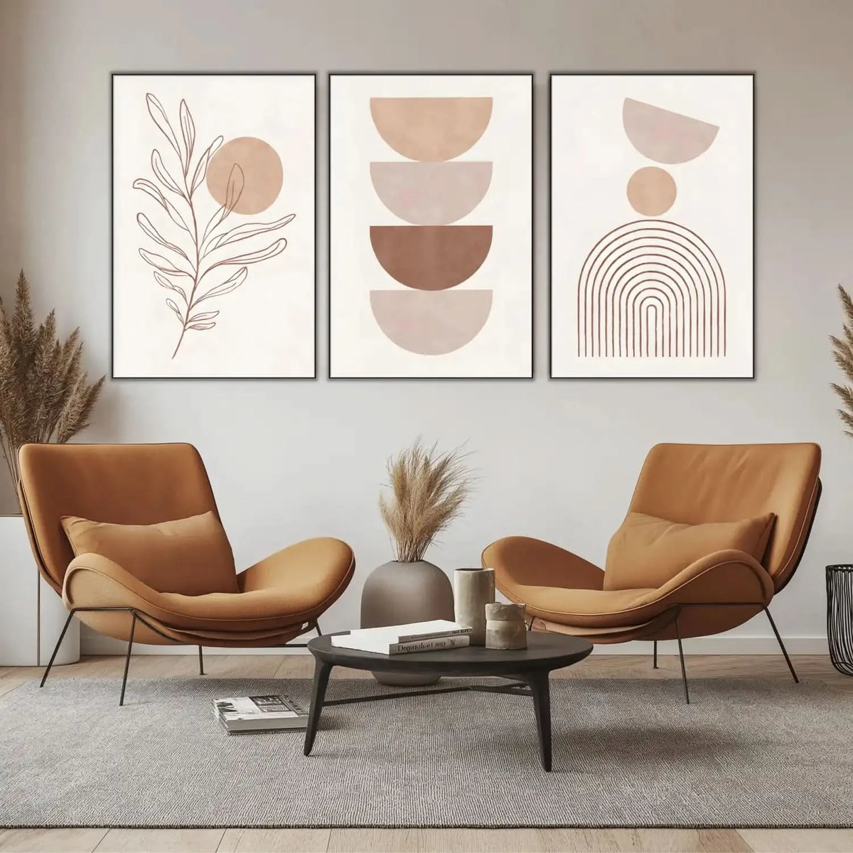 Oeuvre minimaliste avec formes géométriques en beige, ambiance sereine et équilibrée, idéale pour salon ou bureau moderne.