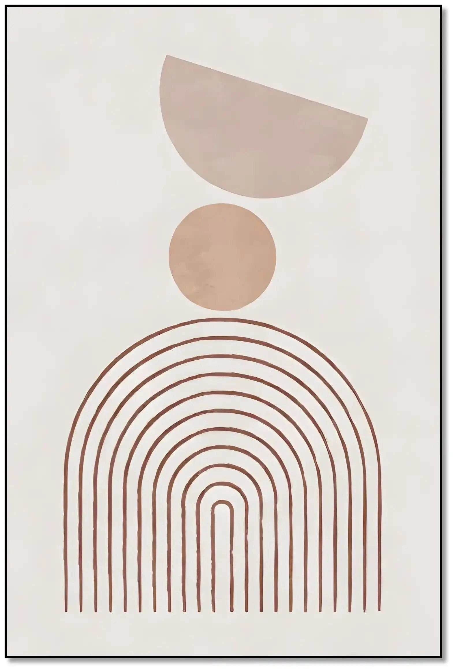 Œuvre minimaliste avec formes géométriques en beige, ambiance sereine et équilibrée, idéale pour salon ou bureau moderne.