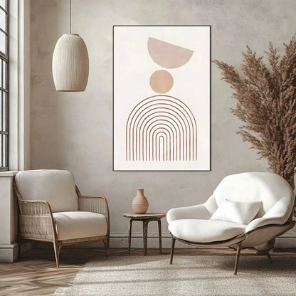Œuvre minimaliste avec formes géométriques en beige, ambiance sereine et équilibrée, idéale pour salon ou bureau moderne.