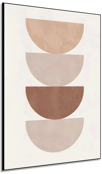 Œuvre minimaliste avec demi-cercles beige et marron, ambiance sereine et élégante pour salon ou bureau moderne.
