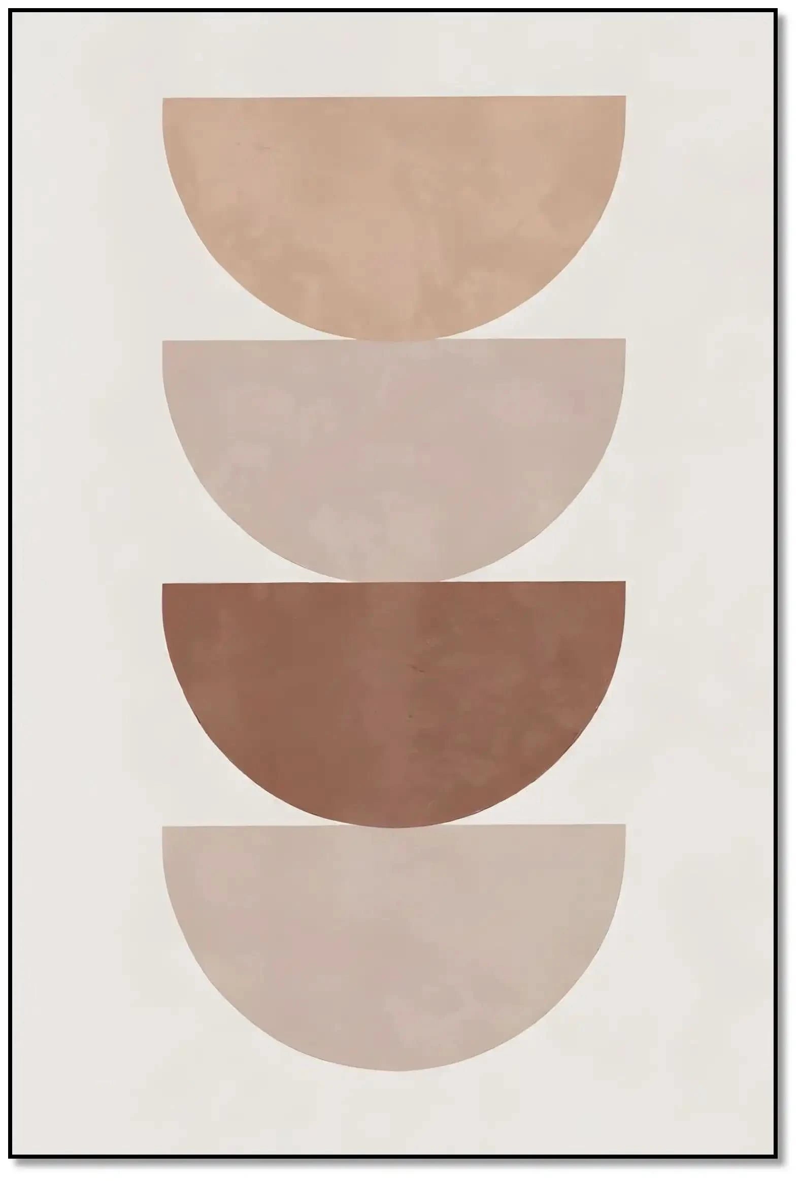 Œuvre minimaliste avec demi-cercles beige et marron, ambiance sereine et élégante pour salon ou bureau moderne.