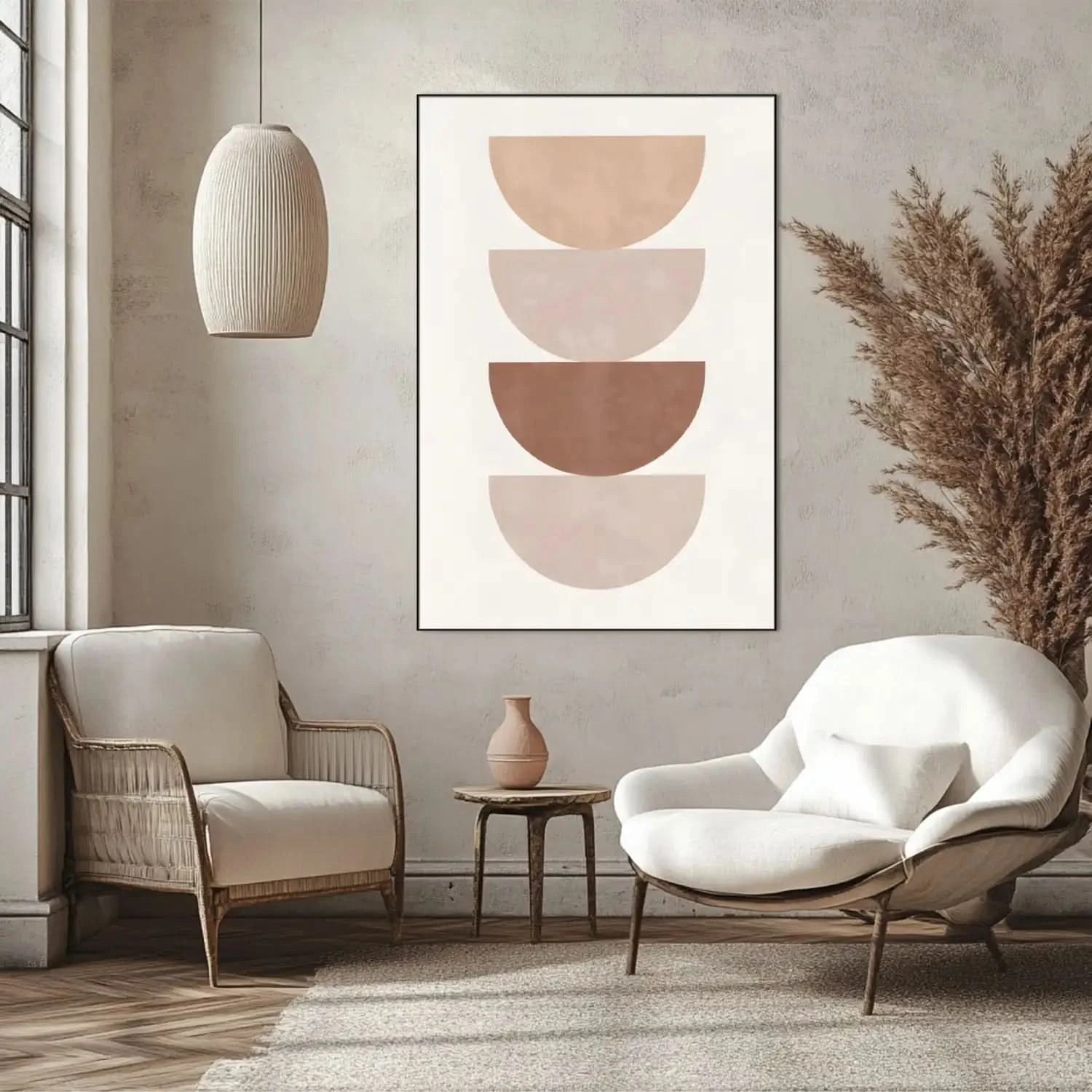 Œuvre minimaliste avec demi-cercles beige et marron, ambiance sereine et élégante pour salon ou bureau moderne.