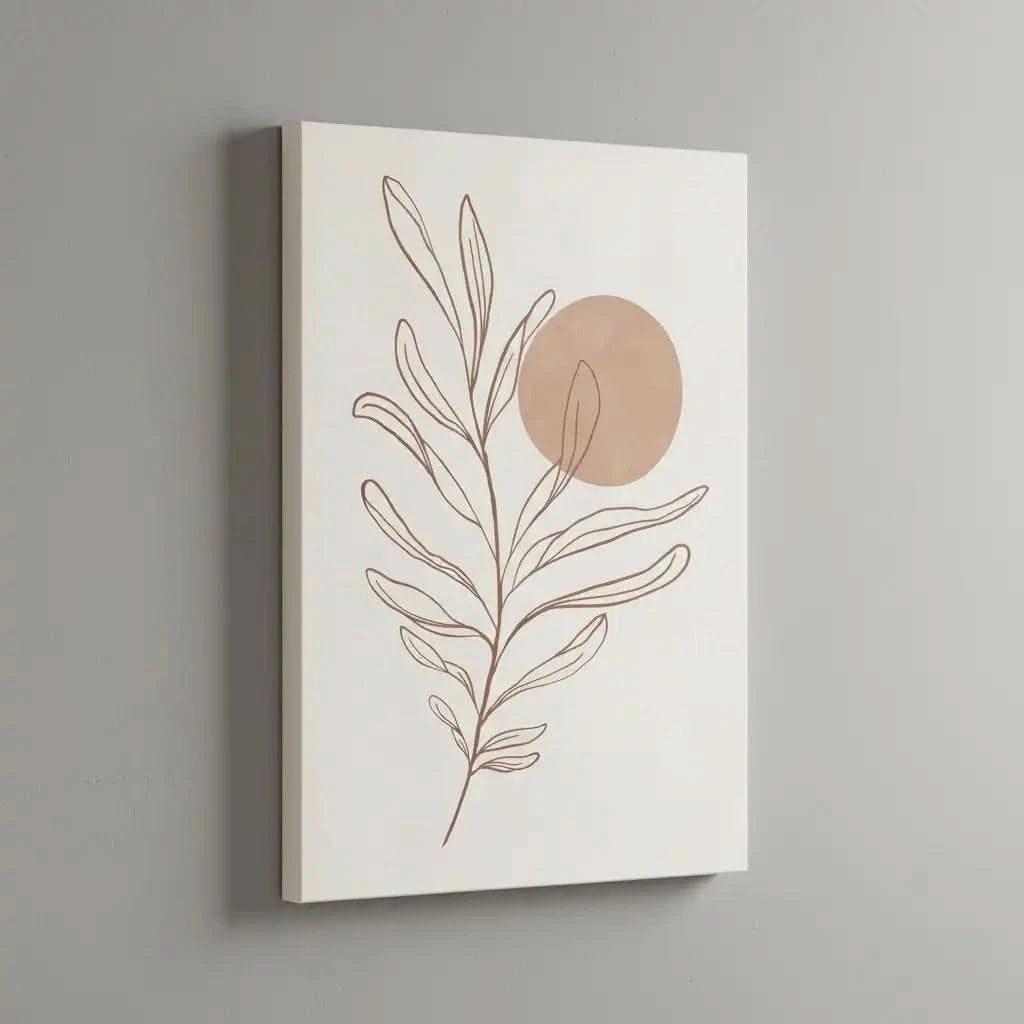 Tableau minimaliste avec branche en brun terreux et cercle beige, ambiance zen et naturelle pour salon ou chambre moderne.