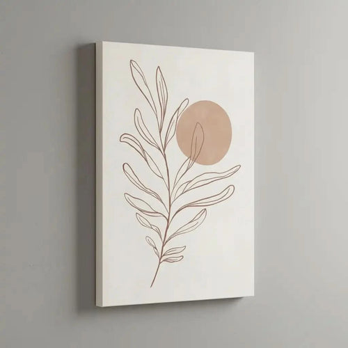 Tableau minimaliste avec branche en brun terreux et cercle beige, ambiance zen et naturelle pour salon ou chambre moderne.