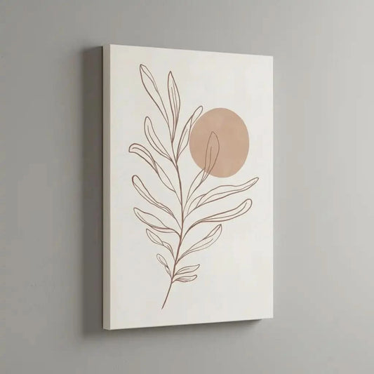 Tableau minimaliste avec branche en brun terreux et cercle beige, ambiance zen et naturelle pour salon ou chambre moderne.