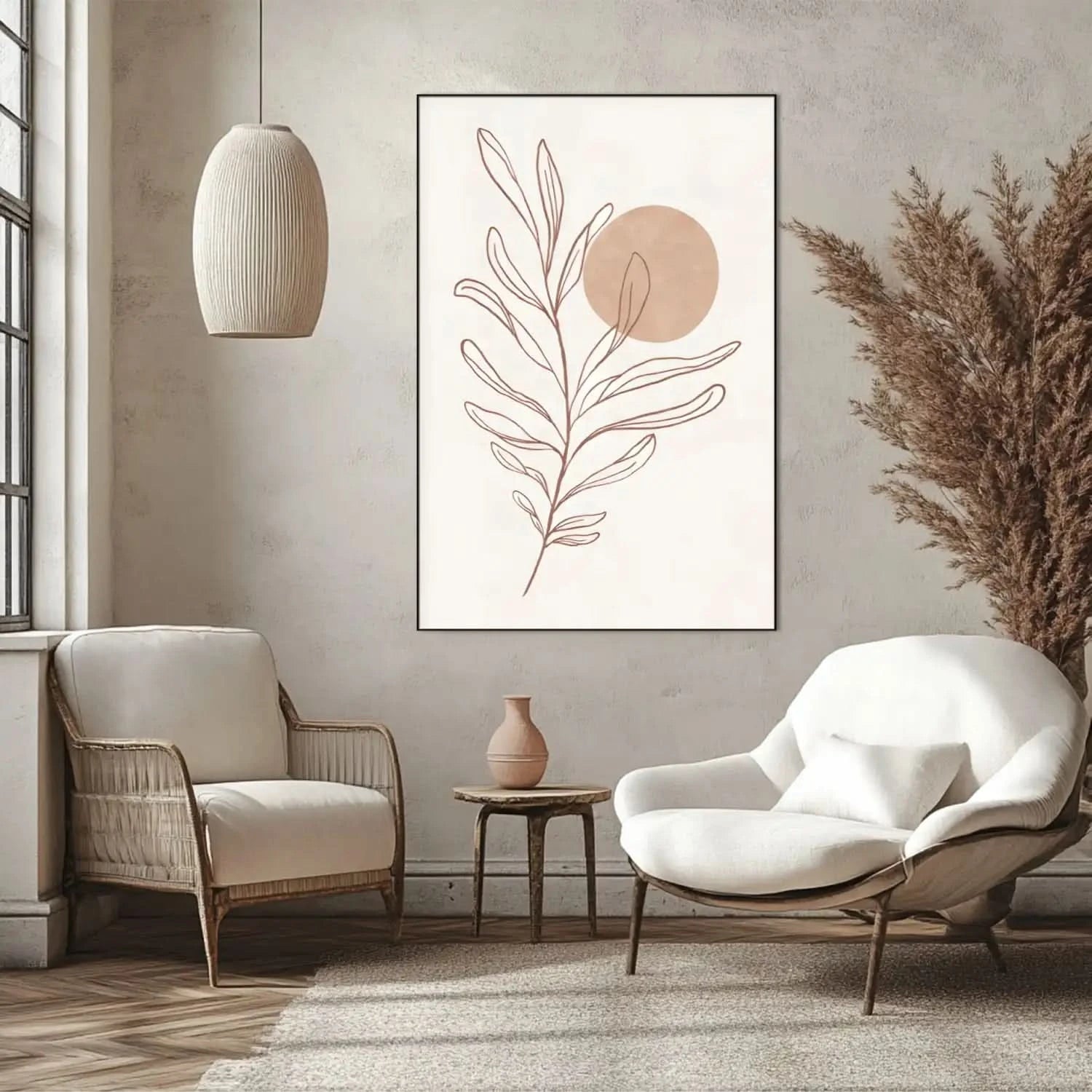 Tableau minimaliste avec branche en brun terreux et cercle beige, ambiance zen et naturelle pour salon ou chambre moderne.