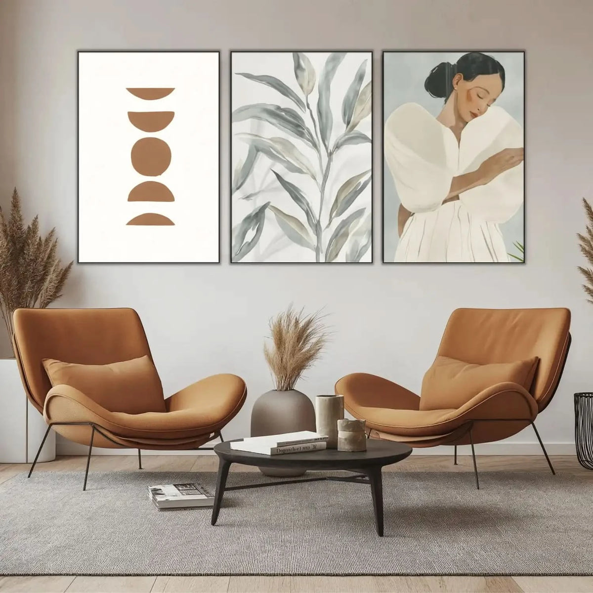 Peinture minimaliste avec formes géométriques brunes sur fond blanc, ambiance zen et équilibrée pour salon ou bureau moderne.