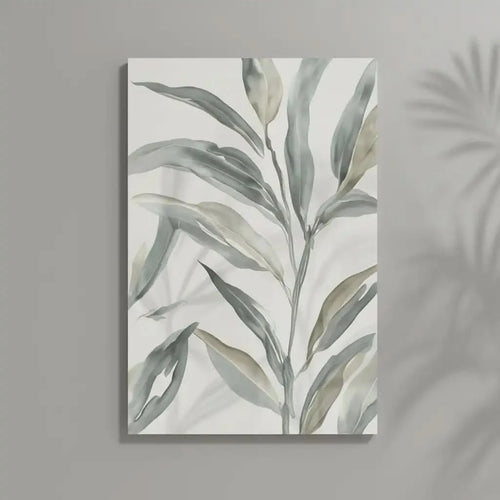 Peinture minimaliste avec feuilles grises et beiges sur fond blanc, ambiance zen et apaisante pour salon ou chambre moderne.