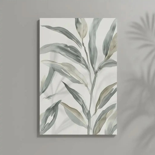 Peinture minimaliste avec feuilles grises et beiges sur fond blanc, ambiance zen et apaisante pour salon ou chambre moderne.