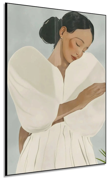 Portrait féminin aux tons doux et blancs, ambiance sereine et élégante, idéal pour chambre ou salon zen.