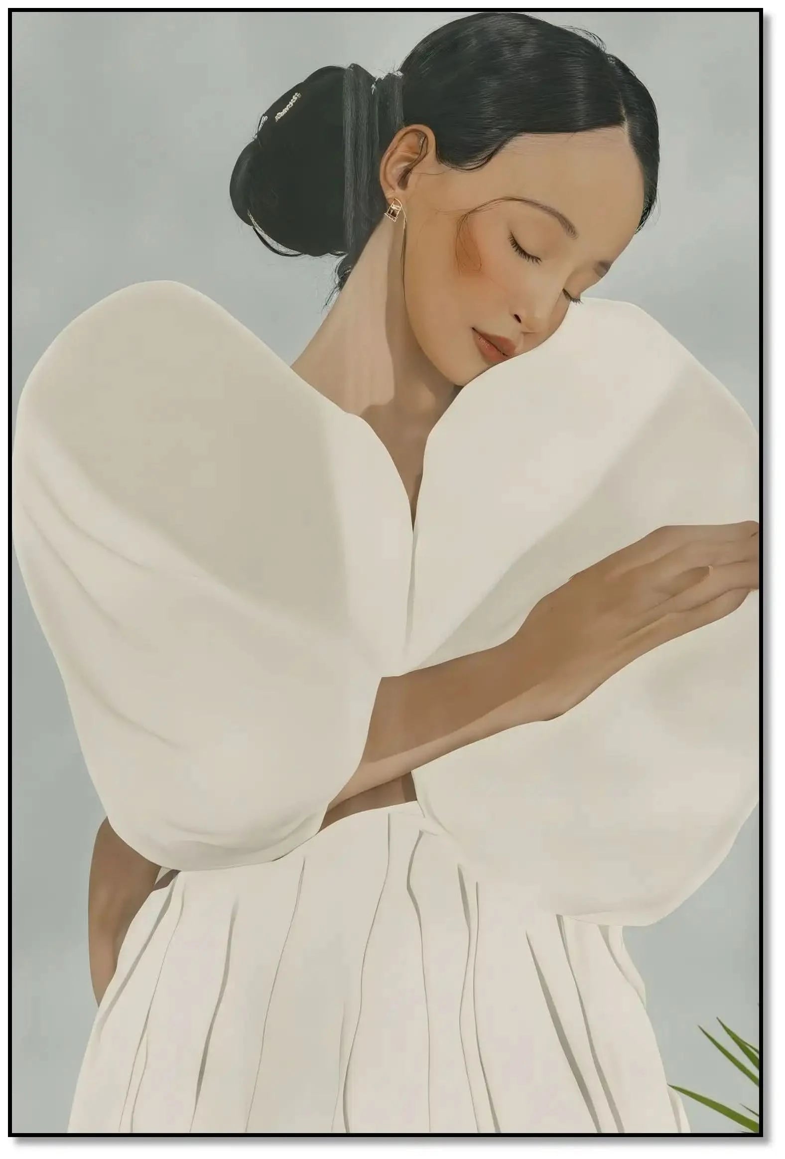 Portrait féminin aux tons doux et blancs, ambiance sereine et élégante, idéal pour chambre ou salon zen.