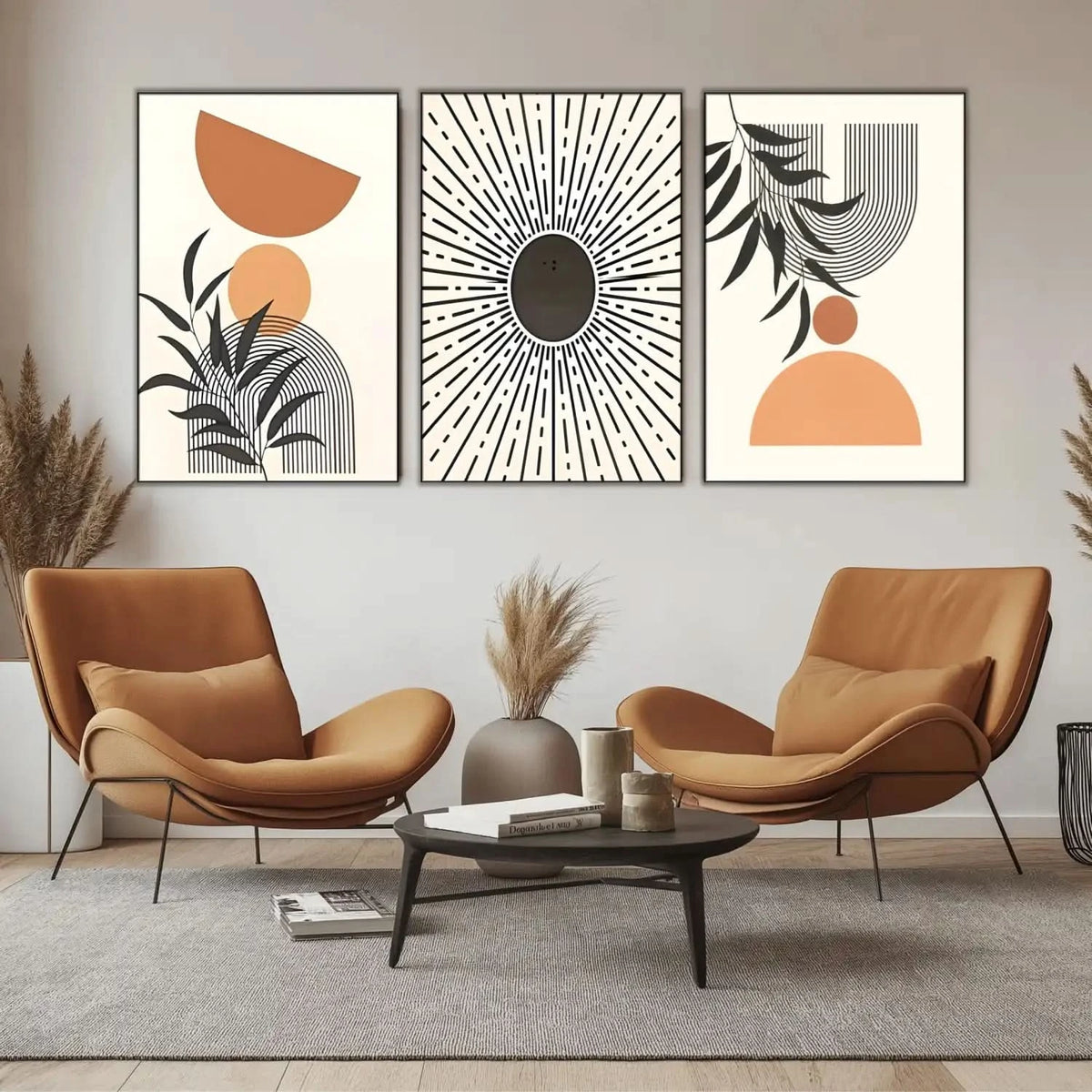 Motif géométrique rayonnant en noir et beige, centre noir profond, ambiance dynamique et mystérieuse pour salon ou bureau.