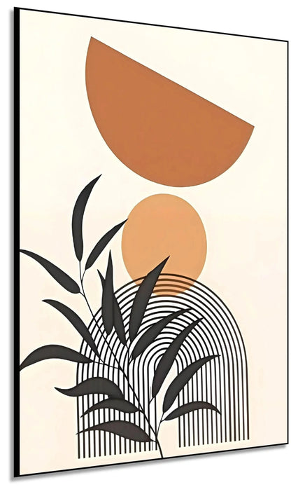 Œuvre minimaliste avec formes géométriques en tons terreux, lignes noires, ambiance chaleureuse et apaisante pour salon ou bu