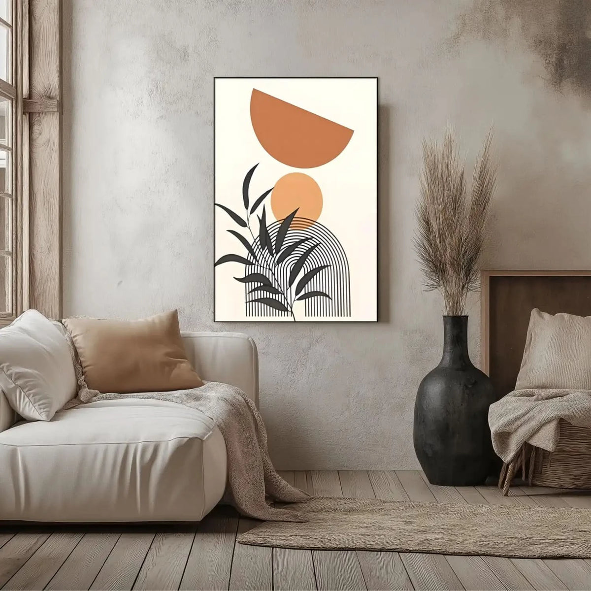 Oeuvre minimaliste avec formes géométriques en tons terreux, lignes noires, ambiance chaleureuse et apaisante pour salon ou bu