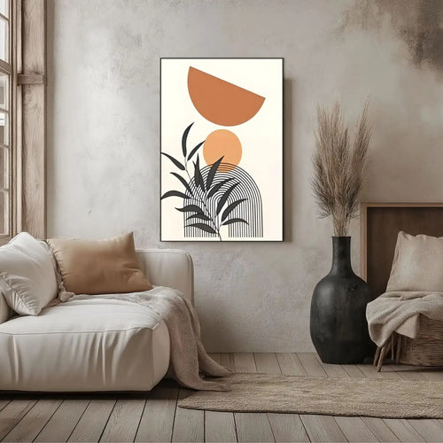 Œuvre minimaliste avec formes géométriques en tons terreux, lignes noires, ambiance chaleureuse et apaisante pour salon ou bu