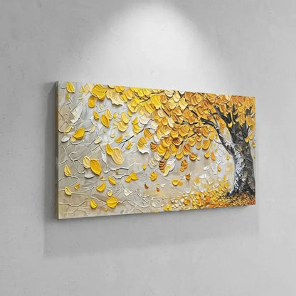 Peinture abstraite d’un arbre doré étincelant sur fond beige et bleu, style mosaïque vibrant, parfaite pour un salon.