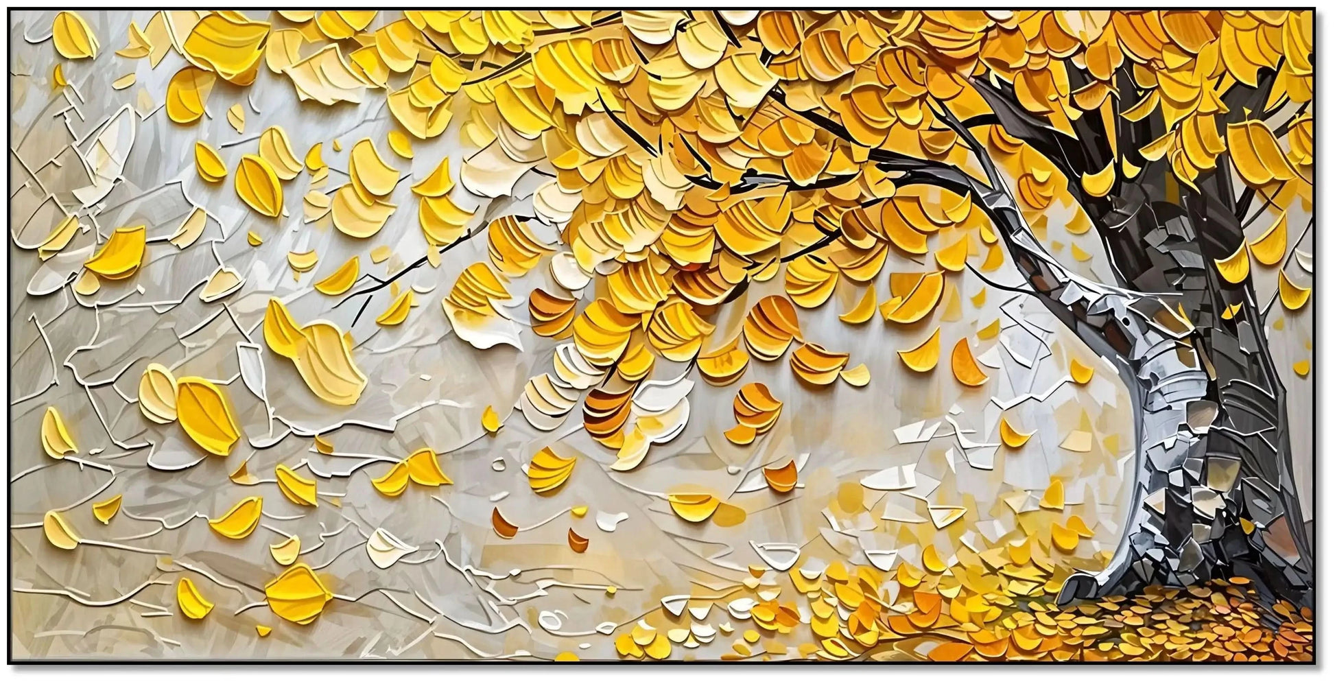 Peinture abstraite d’un arbre doré étincelant sur fond beige et bleu, style mosaïque vibrant, parfaite pour un salon.