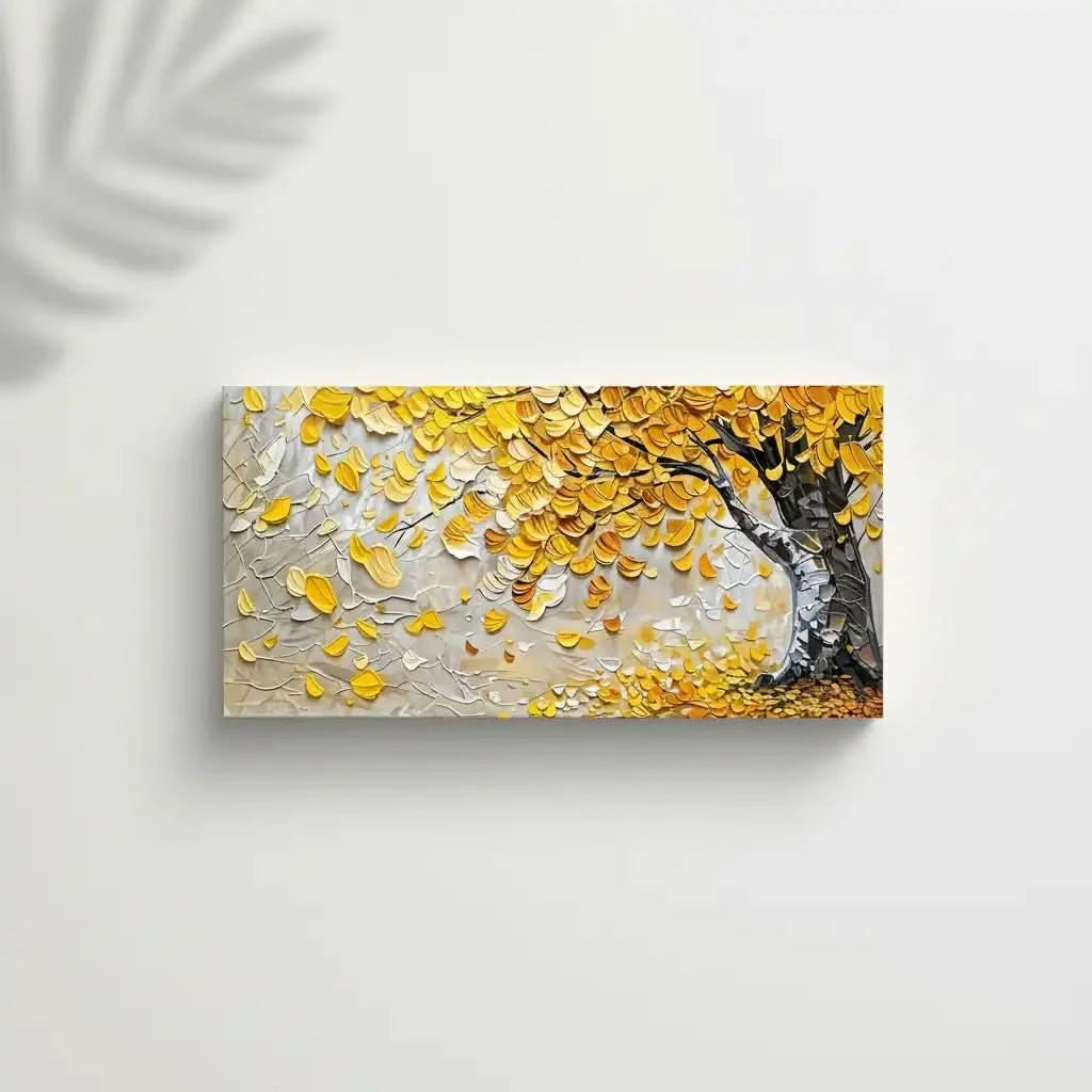 Peinture abstraite d’un arbre doré étincelant sur fond beige et bleu, style mosaïque vibrant, parfaite pour un salon.