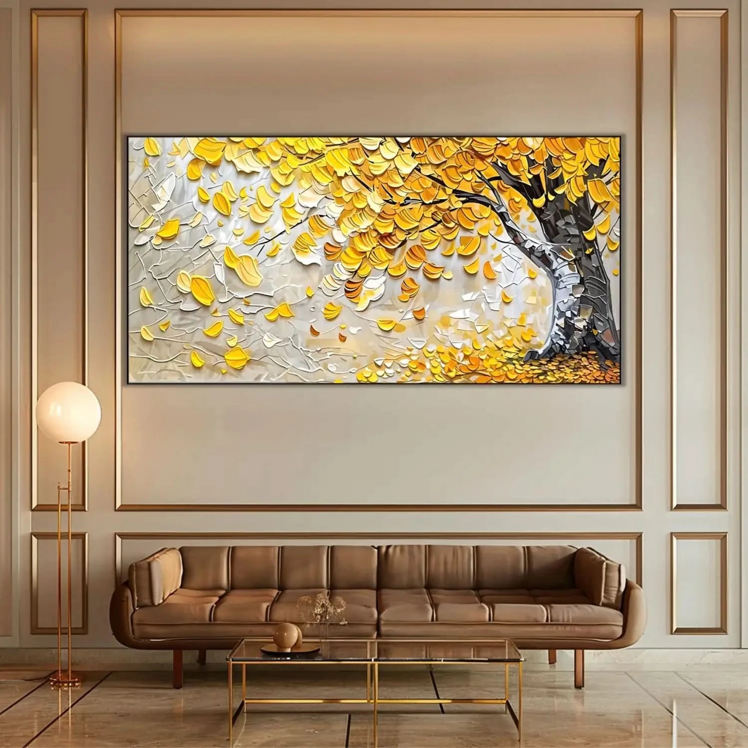 Peinture abstraite d’un arbre doré étincelant sur fond beige et bleu, style mosaïque vibrant, parfaite pour un salon.