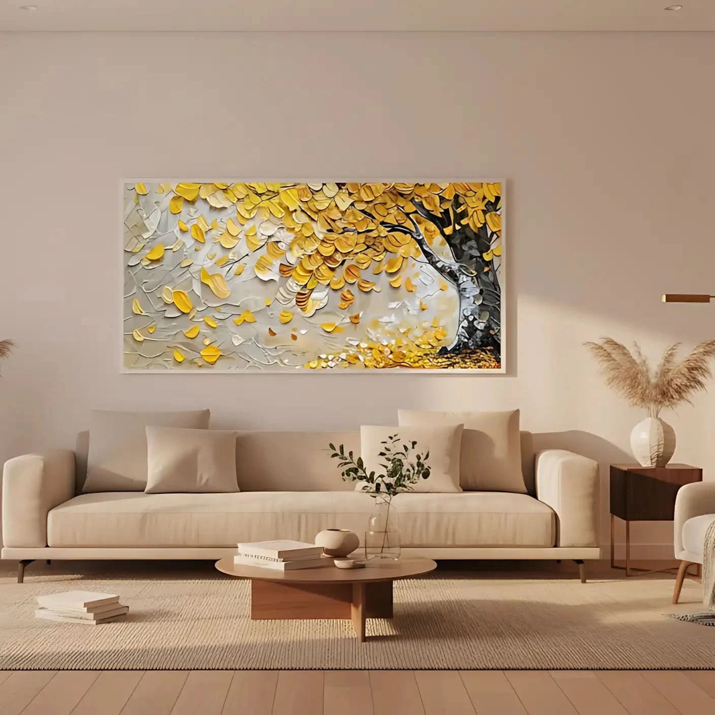 Peinture abstraite d’un arbre doré étincelant sur fond beige et bleu, style mosaïque vibrant, parfaite pour un salon.